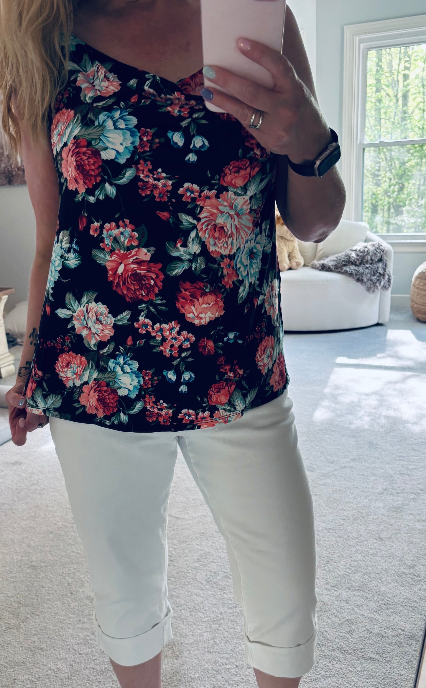 Floral Cowl Neck Tank in Black
