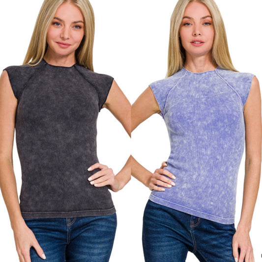 Stone Washed Ribbed Sleeveless Top