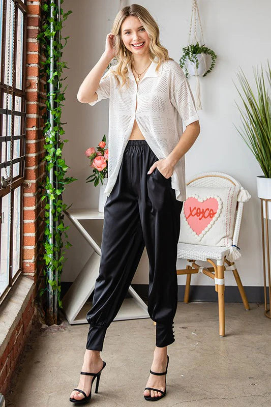 Silk Woven Button Pants With Pockets