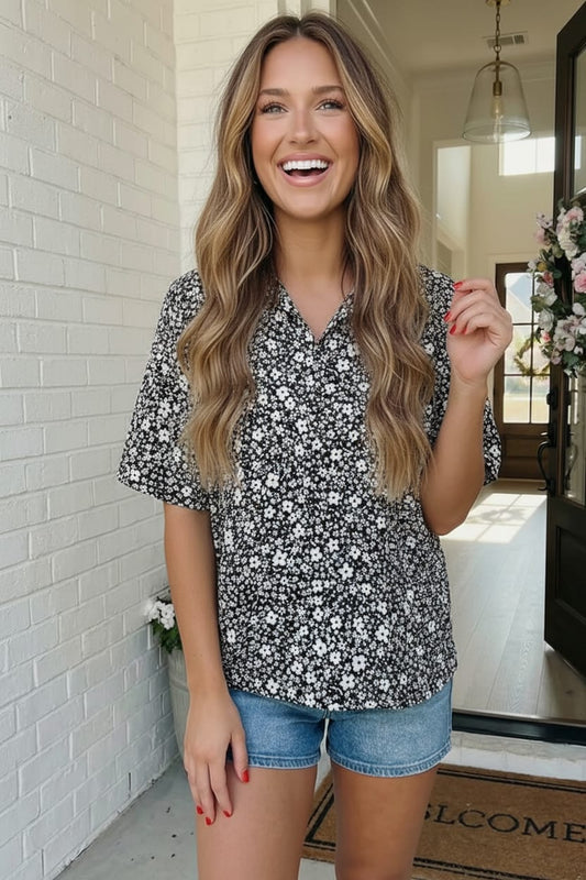 Black & White Ditsy Floral V Neck Top