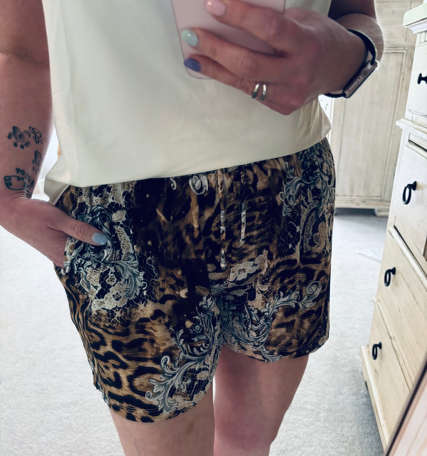 Animal Print Drawstring Shorts With Pockets