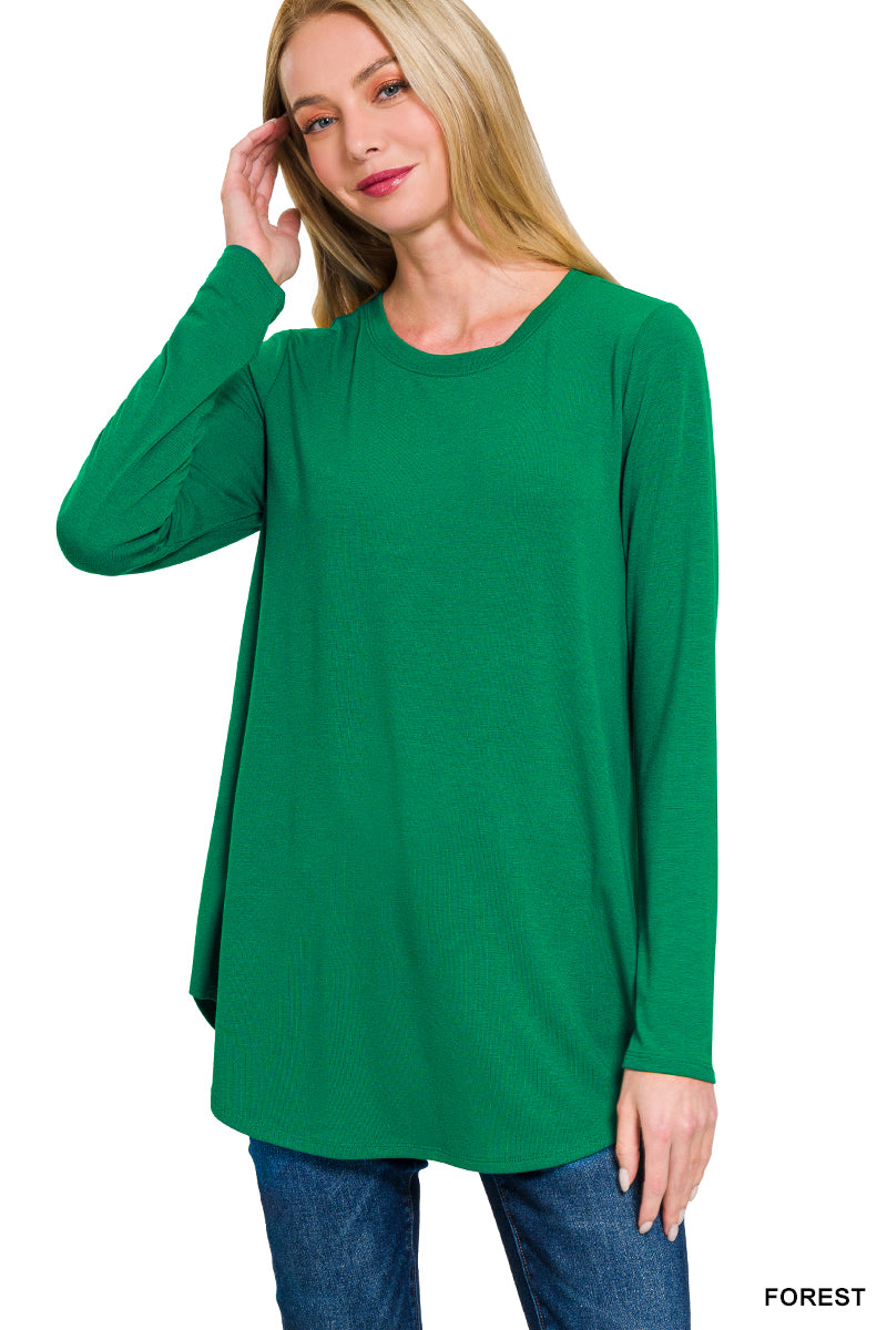 Long Sleeve Round Neck Round Hem Top - Multiple Color Options