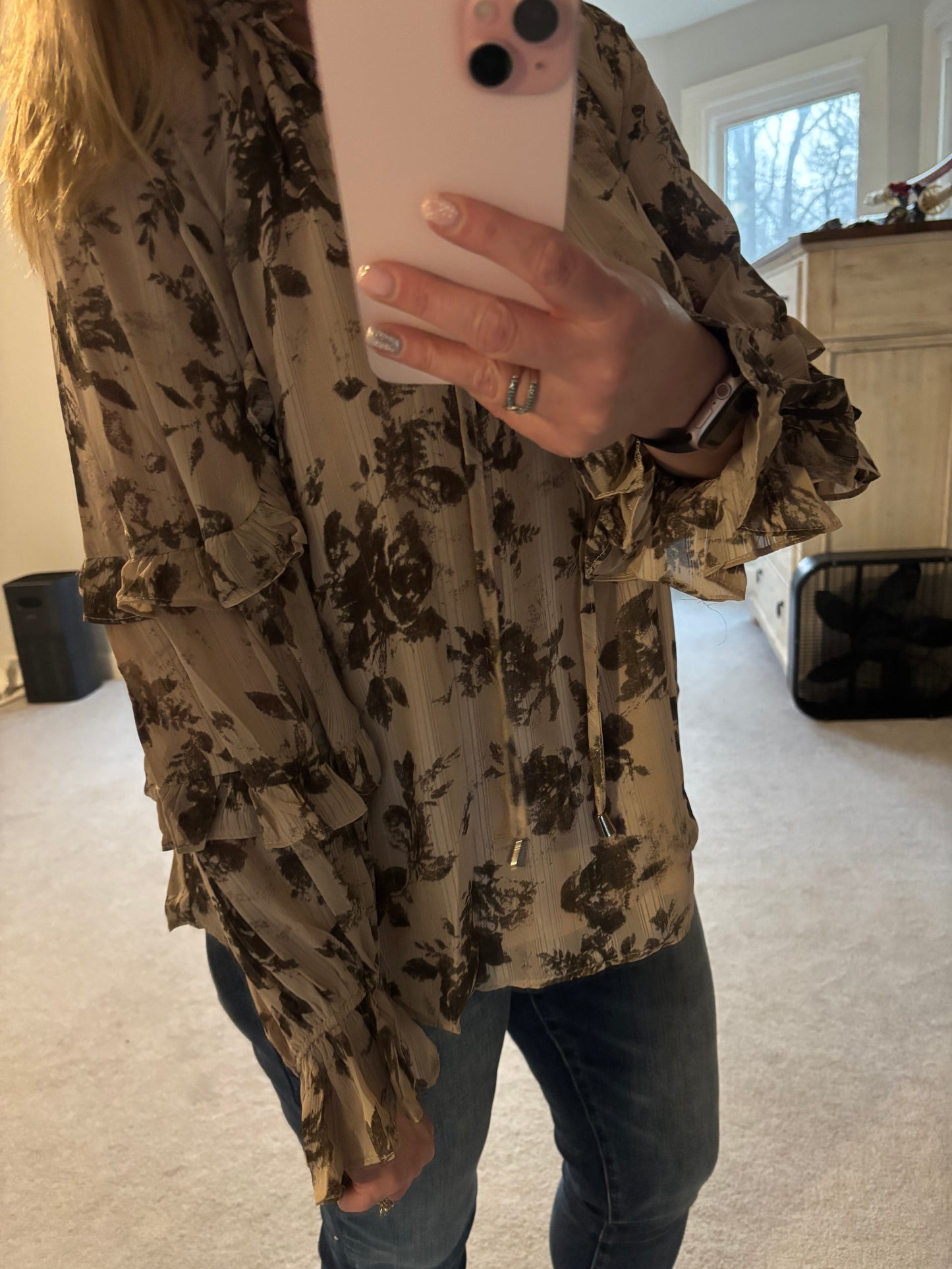 Shimmer Ruffle Top in Olive