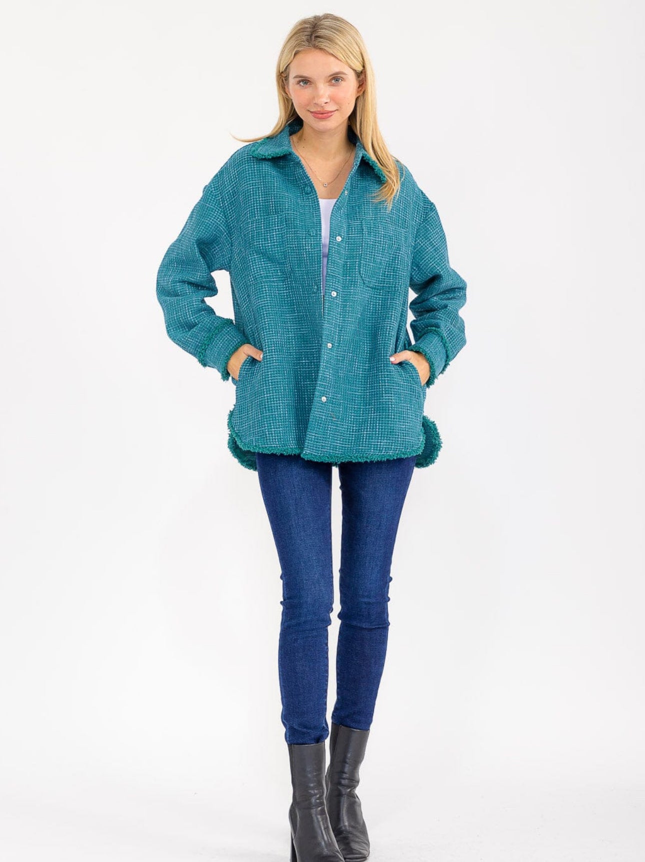 Button Frayed Hem Shacket - 2 Color Options