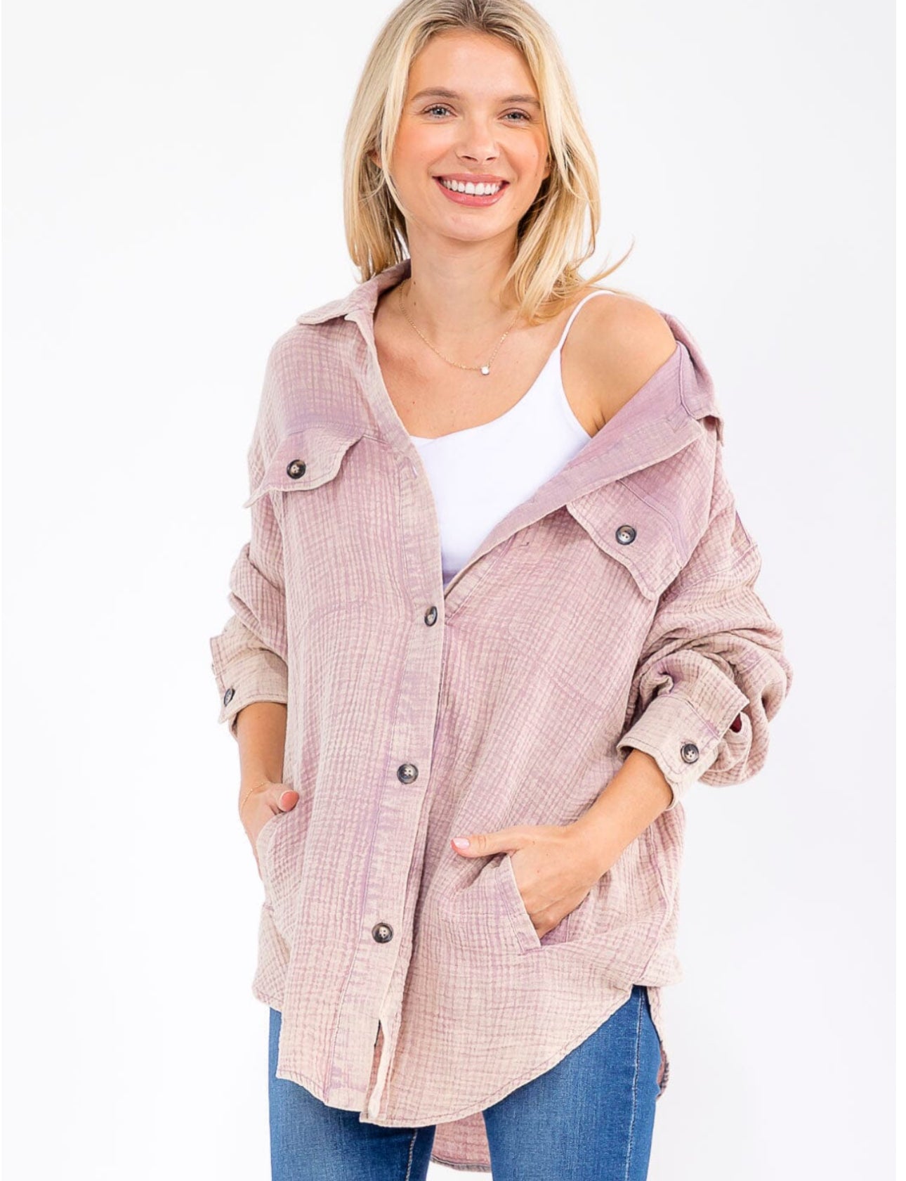 Button Up Washed Top With Pockets in Mauve