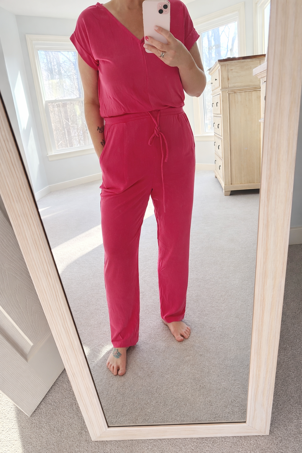 V-Neck Jumpsuit With Adjustable Waist in Hot Pink