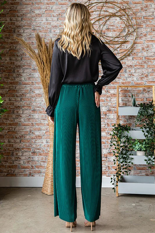 Wide Leg Ribbed Silky Pants With Pockets