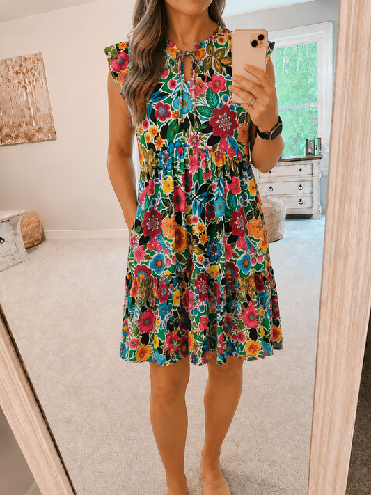 Floral Tie Neck Dress With Pockets