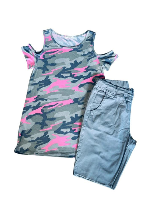 Camo Cold Shoulder Top