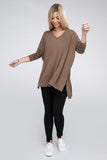 Dolman Long Sleeve V-Neck Side Slit High-Low Hem Top - Multiple color options