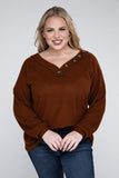 Plus Brushed Waffle V-Neck Button Detail Sweater - Multiple color options