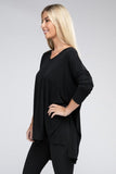 Dolman Long Sleeve V-Neck Side Slit High-Low Hem Top - Multiple color options