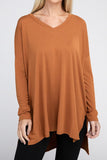 Dolman Long Sleeve V-Neck Side Slit High-Low Hem Top - Multiple color options