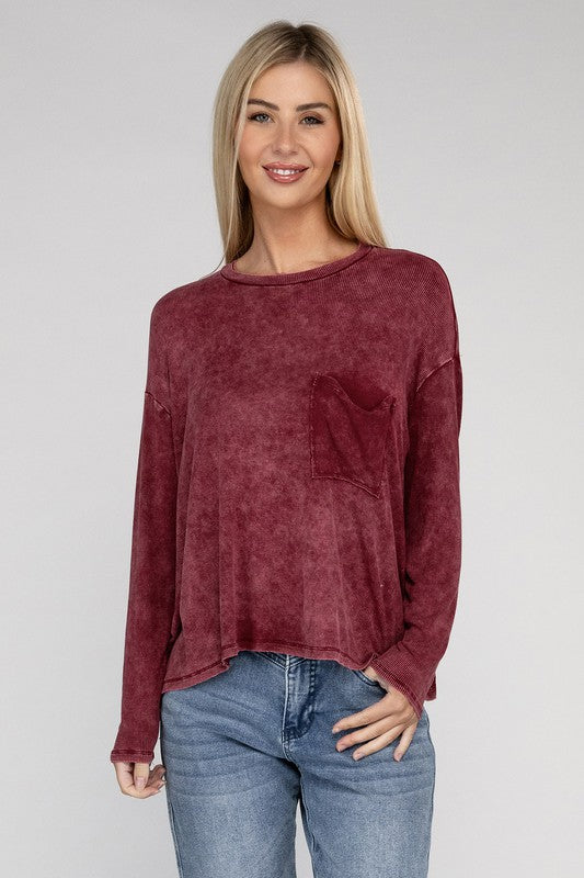 Washed Ribbed Dolman Sleeve Round Neck Top - 3 Color Options