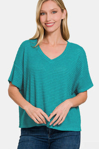 Drop Shoulder Short Sleeve Jacquard Knit Top in Lt. Teal