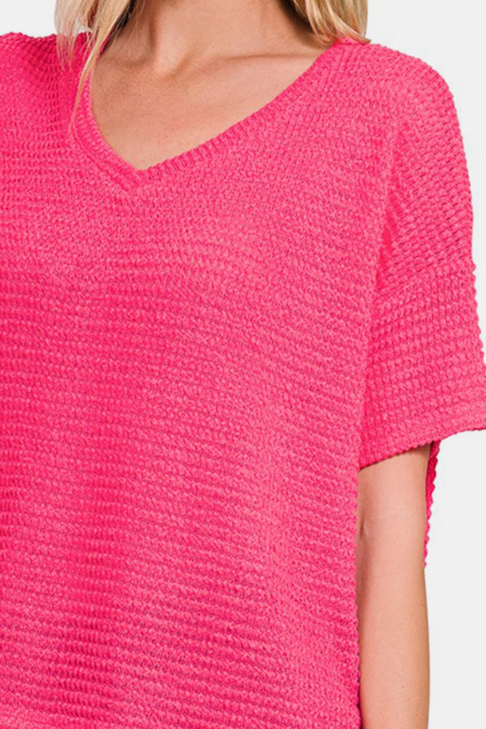 Drop Shoulder Short Sleeve Jacquard Knit Top in Fuchsia