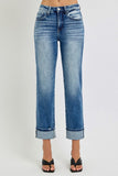 High Rise Crop Straight Roll Up Jeans