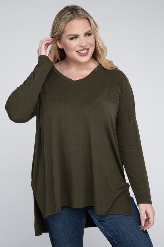 Plus Dolman Sleeve V-Neck Side Slit Hi-Low Hem Top - Multiple color options