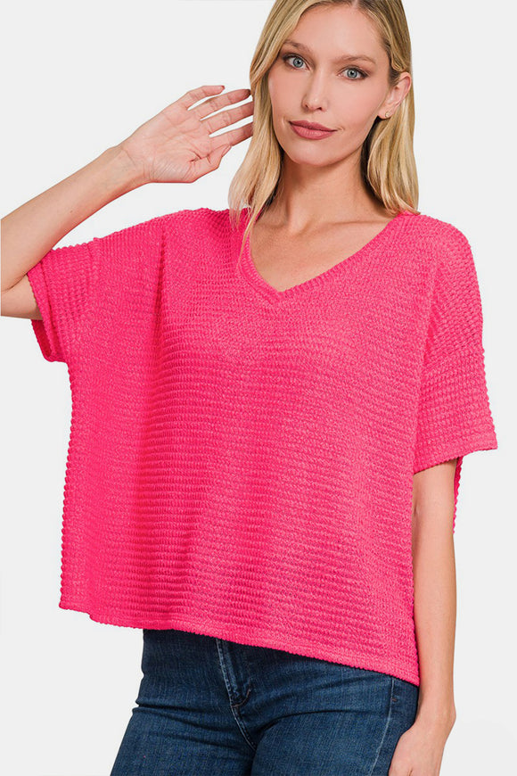 Drop Shoulder Short Sleeve Jacquard Knit Top in Fuchsia