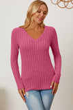 Ribbed V-Neck Long Sleeve Top - Multiple Colors Available