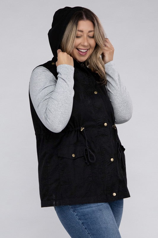 Plus Drawstring Waist Military Hoodie Vest - Multiple Color Options