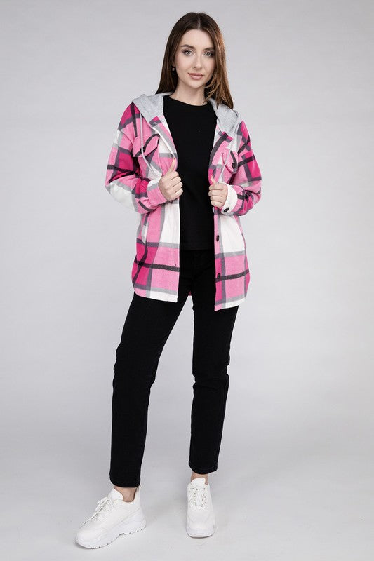 Plaid Drawstring Hooded Fleece Shacket - Multiple colors