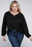 Plus Brushed Waffle V-Neck Button Detail Sweater - Multiple color options