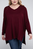 Plus Dolman Sleeve V-Neck Side Slit Hi-Low Hem Top - Multiple color options