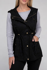 Drawstring Waist Military Hoodie Vest - 3 Color Options