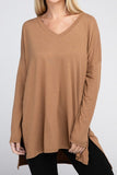 Dolman Long Sleeve V-Neck Side Slit High-Low Hem Top - Multiple color options