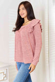 Square Neck Ruffle Shoulder Long Sleeve Top - 2 Color Options