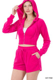 LOOP TERRY ZIP UP CROPPED HOODIE & SHORTS SET - 3 Colors