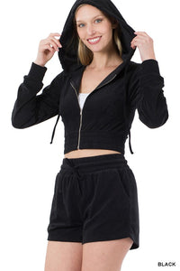 LOOP TERRY ZIP UP CROPPED HOODIE & SHORTS SET - 3 Colors