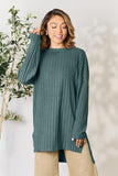 Ribbed Round Neck Long Sleeve Slit Top - Multiple colors