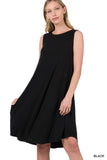 SLEEVELESS ROUND NECK ROUND HEM MIDI DRESS - Multiple Colors