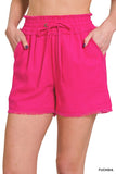 LINEN FRAYED HEM DRAWSTRING SHORTS WITH POCKETS - Multiple color options