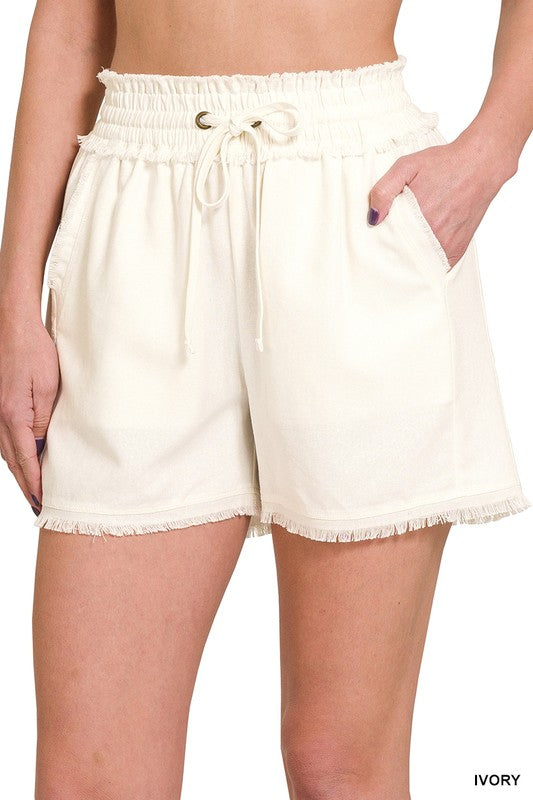 LINEN FRAYED HEM DRAWSTRING SHORTS WITH POCKETS - Multiple color options