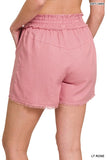 LINEN FRAYED HEM DRAWSTRING SHORTS WITH POCKETS - Multiple color options