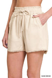 LINEN FRAYED HEM DRAWSTRING SHORTS WITH POCKETS - Multiple color options