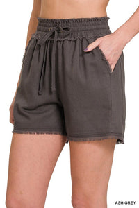 LINEN FRAYED HEM DRAWSTRING SHORTS WITH POCKETS - Multiple color options