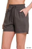 LINEN FRAYED HEM DRAWSTRING SHORTS WITH POCKETS - Multiple color options