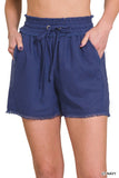 LINEN FRAYED HEM DRAWSTRING SHORTS WITH POCKETS - Multiple color options