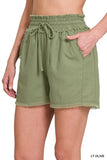 LINEN FRAYED HEM DRAWSTRING SHORTS WITH POCKETS - Multiple color options