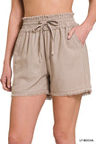 LINEN FRAYED HEM DRAWSTRING SHORTS WITH POCKETS - Multiple color options