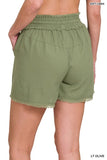 LINEN FRAYED HEM DRAWSTRING SHORTS WITH POCKETS - Multiple color options