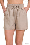 LINEN FRAYED HEM DRAWSTRING SHORTS WITH POCKETS - Multiple color options