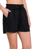 LINEN FRAYED HEM DRAWSTRING SHORTS WITH POCKETS - Multiple color options