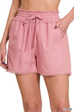 LINEN FRAYED HEM DRAWSTRING SHORTS WITH POCKETS - Multiple color options