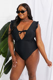 Seashell Ruffle Sleeve One-Piece in Black