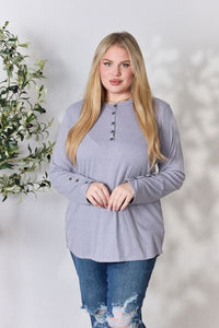 Texture Half Button Long Sleeve Top